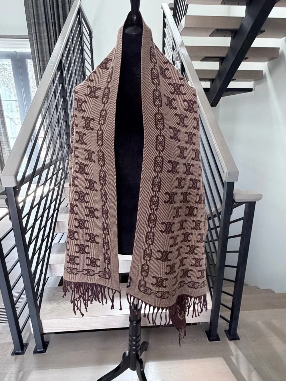 Celine Brown Double-C Monogram Cashmere Scarf with Fringe